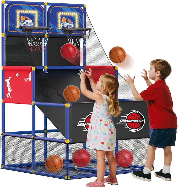 Upgrade Dual Basketball Arcade Game Kids Electronic Basketball Hoop with Electronic Scoreboard LED Light 6 Balls Indoor Outdoor Sports Toys Gift for Boys Girls Ages 3-8 (Blue)