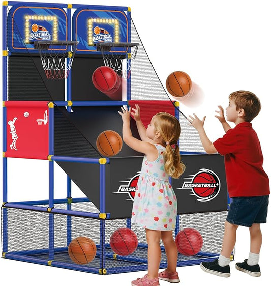 Upgrade Dual Basketball Arcade Game Kids Electronic Basketball Hoop with Electronic Scoreboard LED Light 6 Balls Indoor Outdoor Sports Toys Gift for Boys Girls Ages 3-8 (Blue)