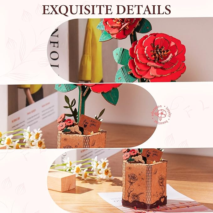 ROBOTIME 3D Puzzle Wooden Flower Red Camellia DIY Model Kit to Build for Adults Artifical Bouquet Collection Craft Brain Teaser Puzzle Creative Gift Home Decor