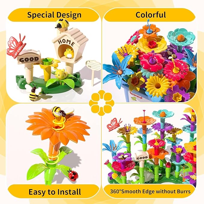 TEMI 138 PCS Flower Garden Building Toys for Girls Toys, Educational STEM Toy and Preschool Garden Play Set for Toddlers 3 4 5 6 7 8 Year Old Kids Boys Girls, Flower Stacking Toys for Kids Age 3-6