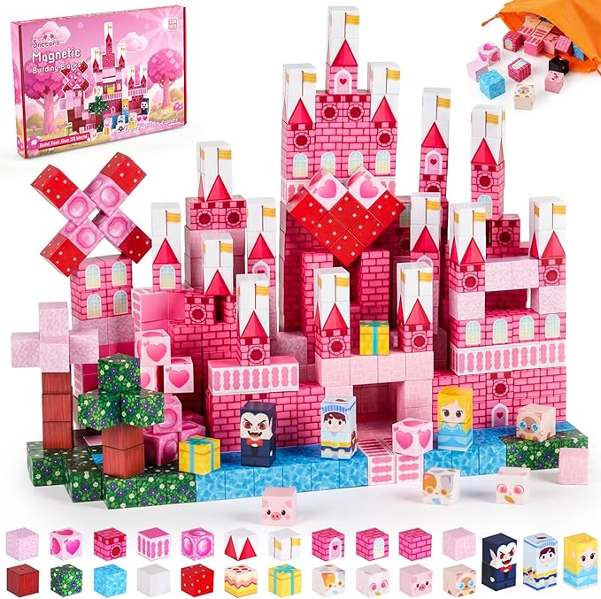 3 otters Magnetic Blocks 150PCS, Princess Castle Magnet Cubes STEM Montessori Building Toys for Girls, Sensory Gifts for Kids Birthday