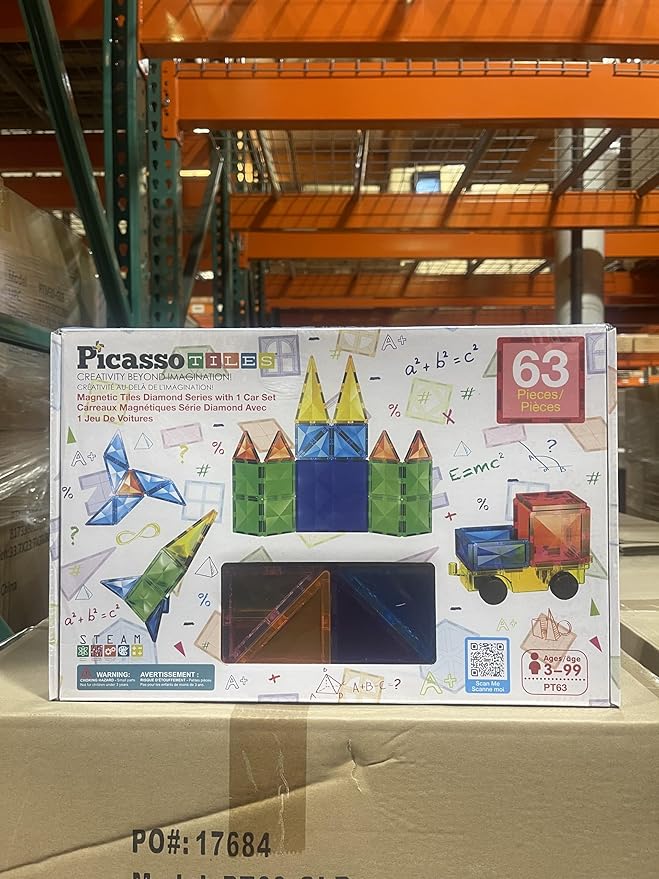 PicassoTiles 63 Piece Magnetic Building Block Construction Toy Set Diamond Magnet Tile Blocks with Car Truck STEM Learning Kit Early Education Builder Playset Toys for Children Toddler Boy Girl Age 3+