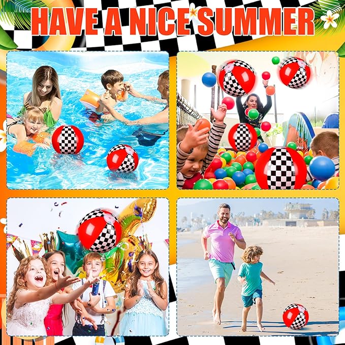 12 Pack Black and White Checkered Flag Themed Beach Ball for Kids 7.87" Bulk for Summer Pool and Beach Game Gifts Race Car Birthday Party Supplies and End of The Year Class Decorations Favor