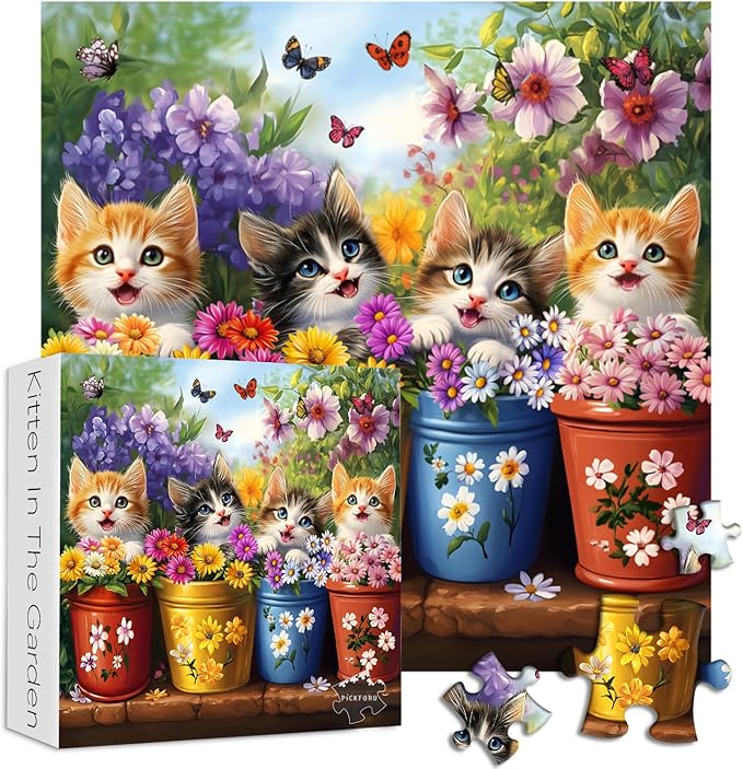 PICKFORU Cat Puzzles for Adults 1000 Pieces, Colorful Animals Jigsaw Puzzles Kitten Butterfly, Difficult Flower Plant Puzzle as Home Decor