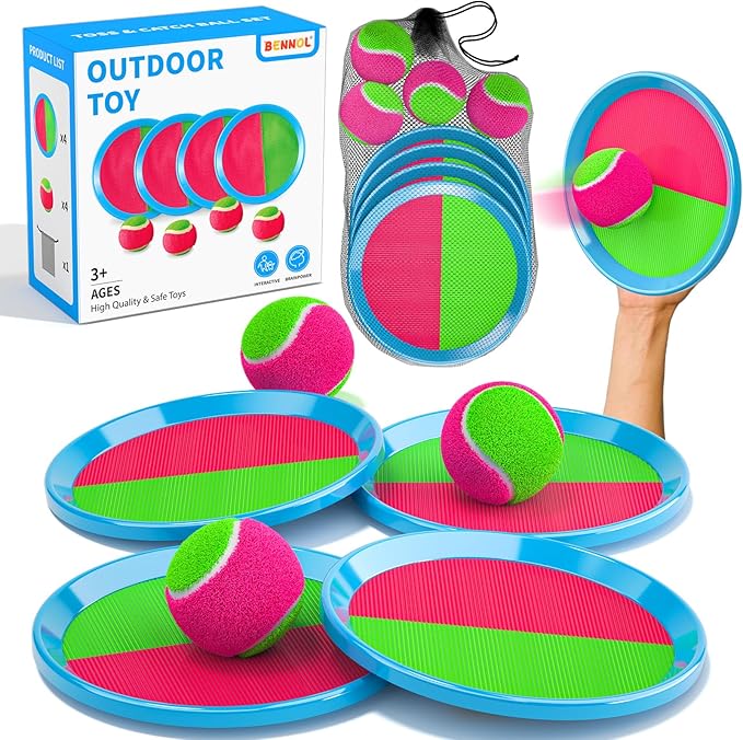 Bennol Toss and Catch Ball Game for Kids, 4 Paddles, 4 Balls & Storage Bag, Outdoor Toys for Ages 3-10, Yard Backyard Beach Games