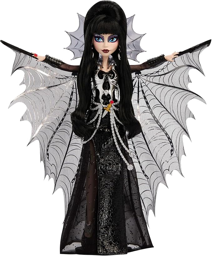 Monster High Doll, Elvira, Mistress of The Dark Collectible in Black Faux Leather Dress with Silvery Batwing Cape and Premium Accessories