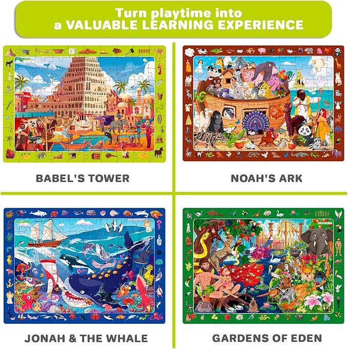 QUOKKA 60 Piece Kids Puzzles Ages 5-8 - Set of 4 Bible Jigsaw Puzzles for Kids 4-6-10 Year Old - Tower of Babel - Noah`s Ark - Eden Toys for Children 5-7 yo - Christian Gifts for Boys & Girls
