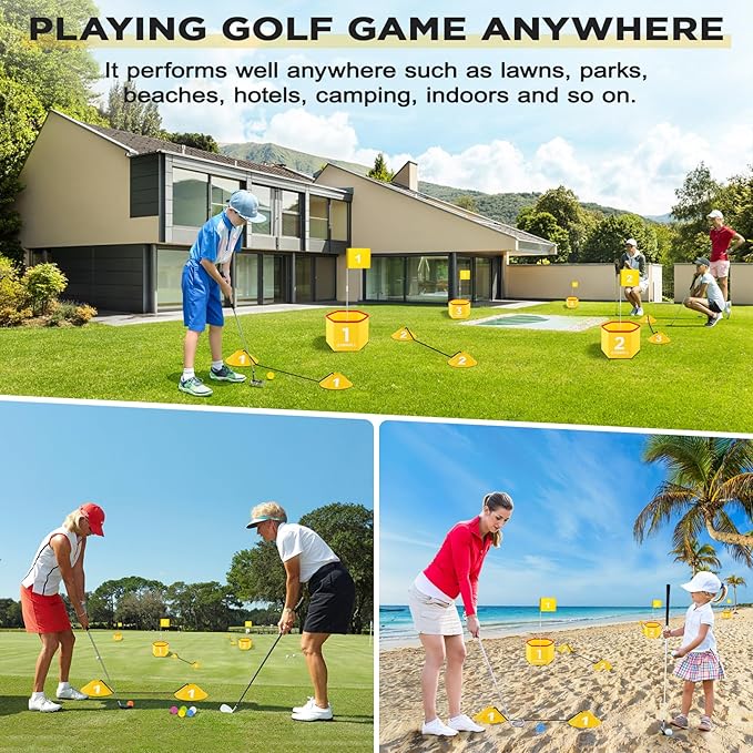 Backyard Golf Set for Kids, Adults and Family, Portable 6 Holes Golf Course with Balls, Flags and Carry Bag for Lawn, Park, Beach and Hotel - Yellow