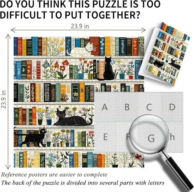 Retro Bookshelf Book Jigsaw Puzzles 1000 Pieces, PICKFORU Vintage Cat Flower Puzzles for Adults Wildflower, Funny Cute Kitten Theme as Wall Decor