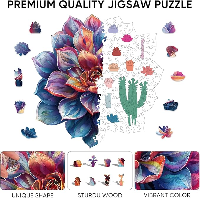 Reouinty Wooden Puzzles for Adult 200 Piece, Flower Succulent Puzzle for Girl, Challenging Puzzle, Home Wall Decor, Luxurious Shaped Wood Puzzles for Family Game 11.2x11 in