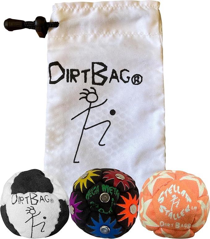 DIRTBAG All Star Footbag 3 Pack with Pouch, 100% Handmade, Premium Quality, Bright Vivid Colors, Signature Carry Bag