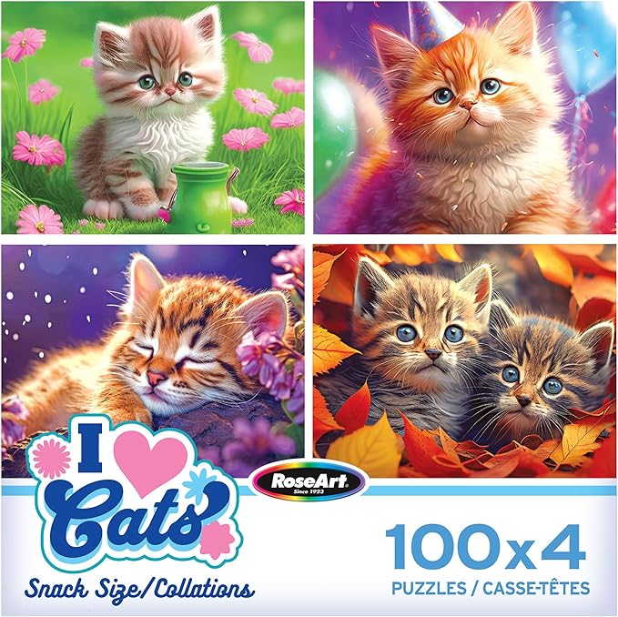 RoseArt - Snack Size Multi-Puzzle Set - I Love Cats - 4 x 100 Piece Jigsaw Puzzle for Adults