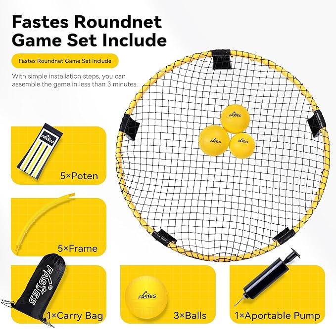 Outdoor Beach Ball Game Includes 3 Balls, Net and Carrying Bag -Roundnet Game Set for Adults, Kids, and Family - Perfect for Beach, Yard, Lawn, Backyard, and Park