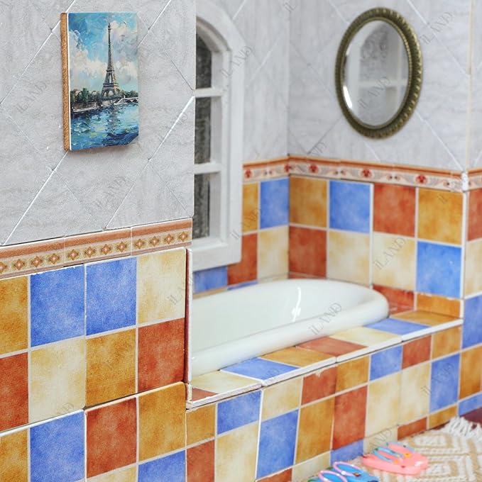 iLAND Miniature Dollhouse Accessories,60pcs Dollhouse Flooring on 1:12 Scale Mediterranean Small Waistline Tiles (60pcs Mediterranean Style)