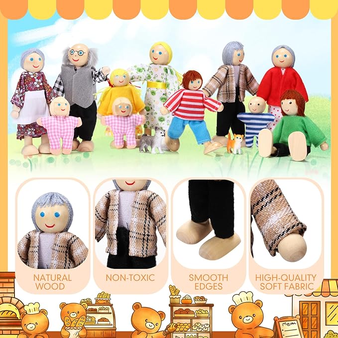 Skylety 20 Pcs Wooden Dollhouse Family Set of 16 Mini People Figures and 4 Pets, Wooden Dollhouse Dolls Cosplay Family Figures Accessories for Pretend Toy(Traditional Style)
