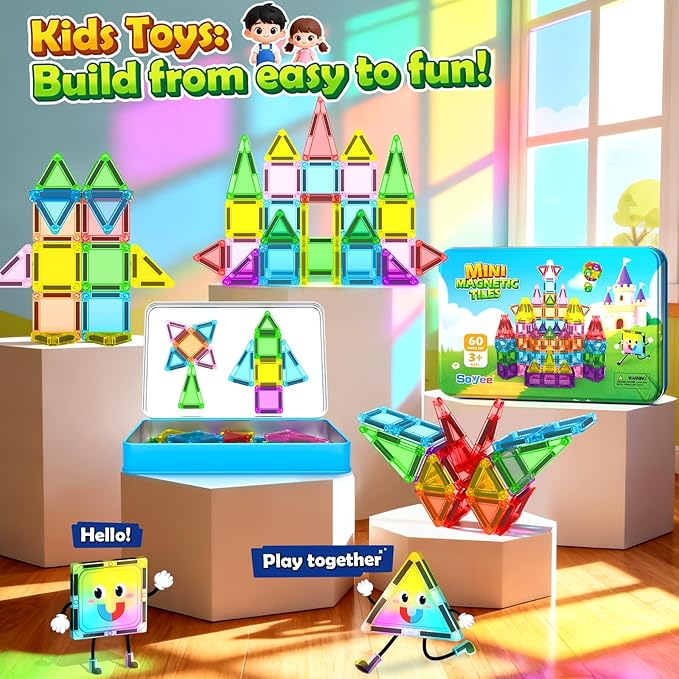 Soyee Easter Basket Stuffers for Toddler Kids Mini Magnetic Tiles 60PCS Toddler Kids Toys Travel Set with Metal Tin Case, Portable STEM Building Blocks Kids Toy for 3-12 Year Old Boys & Girls