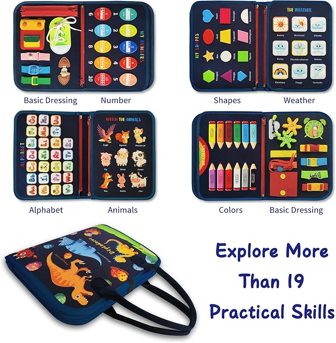 LearnToy Busy Board - Dinosaur Montessori Toys for 3 4 5 Year Old - Sensory Toys for Autistic Children - Toddler Travel Toys - Busy Book for Toddlers Activities as Boys Girls Gift