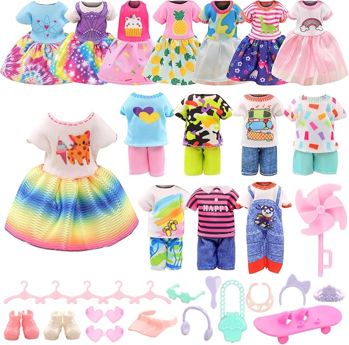 26 PCS for Mini 6 Inch Doll Clothes and Accessories Include 4 Tops, 4 Pants, 4 Dresses, 2 Shoes, Pink Sunglasses 1 Skate and 14 Life Accessories for 5.3 Inch - 6 Inch Dolls