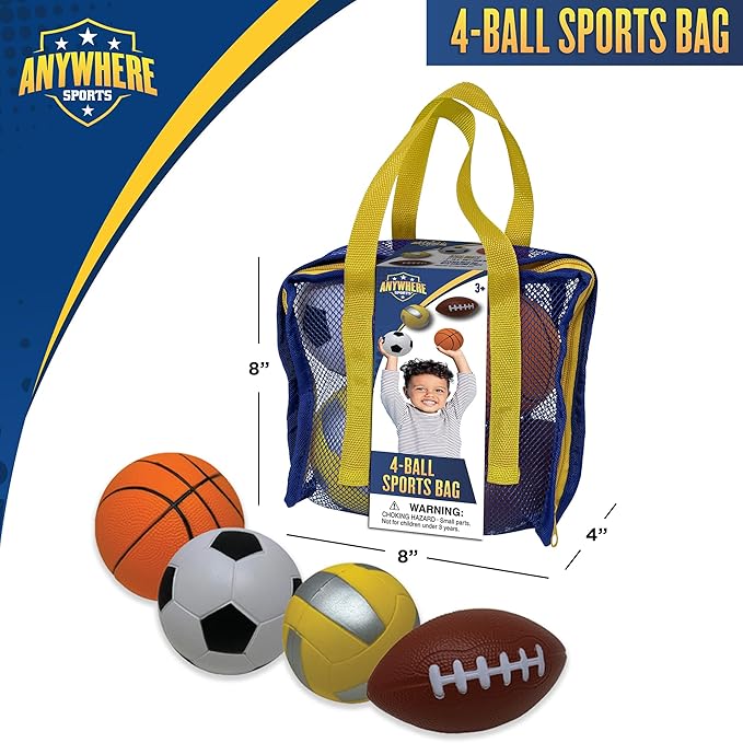 Nature Bound Mini 4-Ball Sports Bag - Soft Foam Balls Set for Kids - Basketball, Soccer, Volleyball, Football - Safe Indoor and Outdoor Play - No Pump Required - Mesh Storage Bag Included