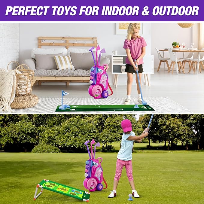 2 in 1 Toddler Golf Set 2-4 Years, Upgraded Kids Plastic Golf Clubs with 12 Balls, Cornhole Board & Putting Mat, Shoulder Strap, Indoor Outdoor Sport Toys Gift for Baby Boys Girls Aged 3-5, Pink