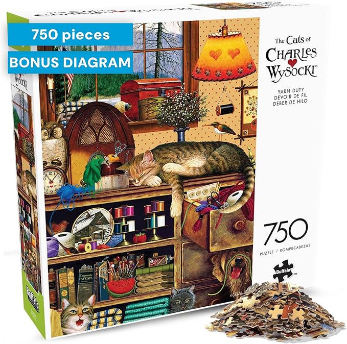 Buffalo Games – Charles Wysocki Yarn Duty 750 Piece Jigsaw Puzzle for Adults, Cozy Cat Americana Artwork, Made in USA