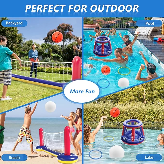 Jasonwell Pool Toys Games Set - 3 in 1 Pool Volleyball Net Basketball Hoop Ring Toss Game Inflatable Floats Water Floating Volleyball Swimming Pools Games Party Gift for Kids Adults (Red&Blue, XL)