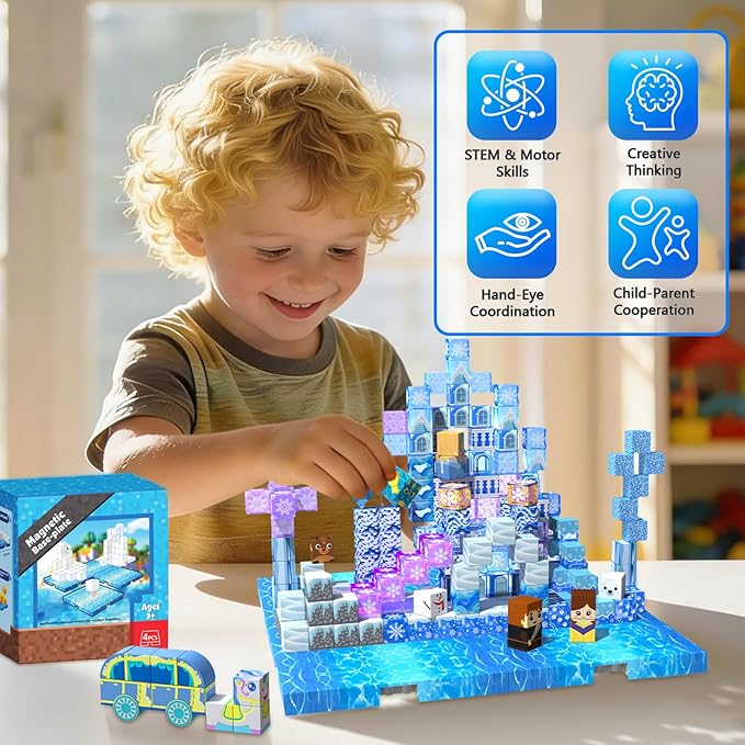 4PCS Magnetic Blocks Base Plates for Kids, 4" x 4" Strong Grip Magnetic Tiles Base Fits Most Popular Magnetic Blocks & Cubes, STEM Building Toy Birthday Gifts for Boys Girls Ages 3+ (Water)