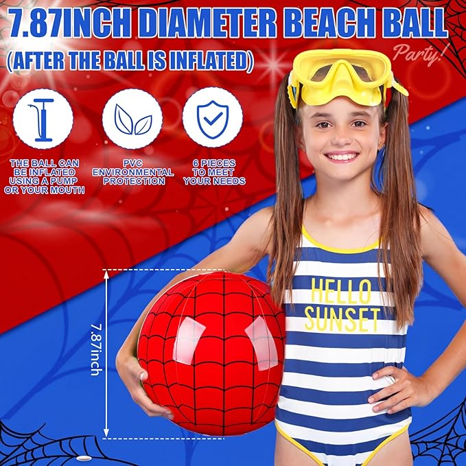6 Pack 7.87'' Spider Web Themed Beach Ball for Kid Inflatable Beach Ball Bulk for Summer Pool Game Spider Red Decoration for Birthday Party End of The Year Class Party Supplies Gift