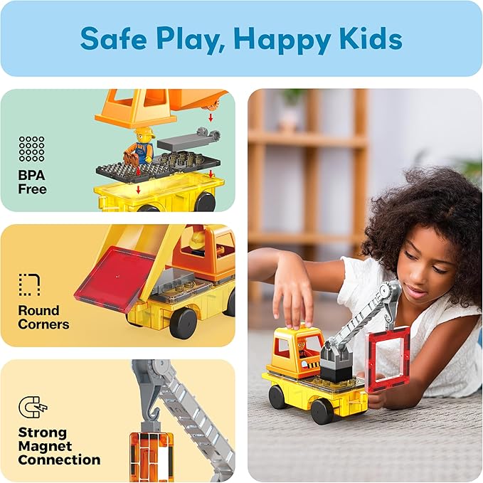 PicassoTiles Magnet Tile Building Blocks 3-in-1 Crane, Dump Truck, and Ladder Construction Vehicle Brick Compatible Magnetic Tiles Toy Set with Car Base Character Action STEM Learning Kit Age 3+ PTU03