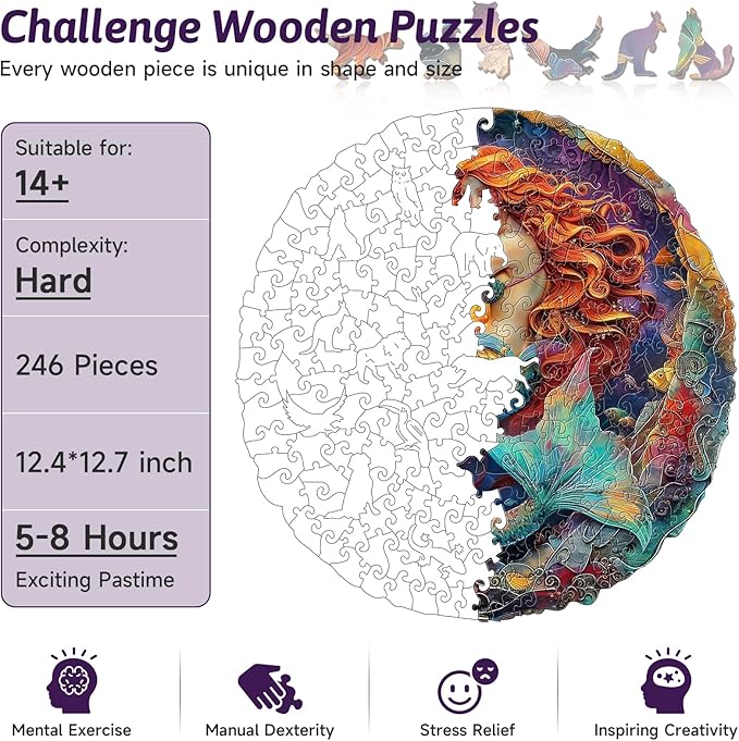 246 Piece Enchanted Mermaid Round Wooden Jigsaw Puzzle for Adults - 12.7 x12.4’’ Vibrant Ocean Fantasy Puzzle, Relaxing Family Activity, Unique Gift for Mermaids & Mythology Lover (Mermaid)