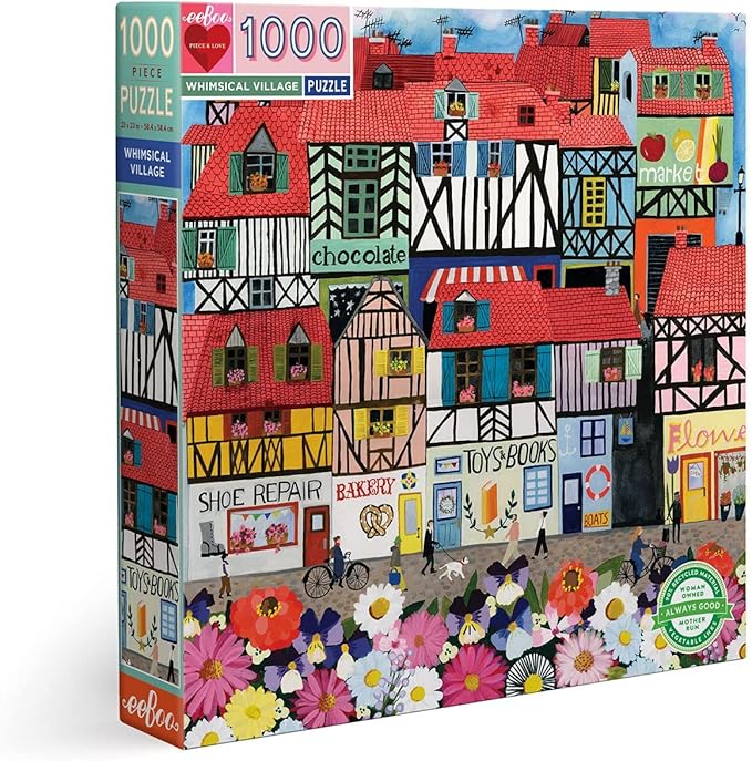 eeBoo: Piece and Love Whimsical Village 1000-piece square Jigsaw Puzzle for Adults and Families, Includes Glossy, Sturdy Pieces and Minimal Puzzle Dust