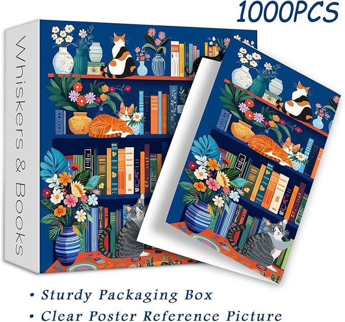 Cat Book Puzzles for Adults 1000 Pieces, PICKFORU Wildflower Pages Jigsaw Puzzle Bookshelf Library, Impossible Hard Floral Vase Theme for Book Lover