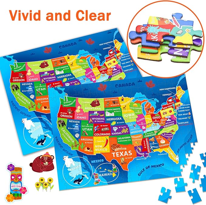 United States Map Puzzle for Kids Ages 6-8 8-10 10-12 - 200 Piece Floor Jigsaw with Poster - Educational USA Geography Jigsaw with 50 States & Capitals - Large Map Puzzle STEM Gift for Boys and Girls