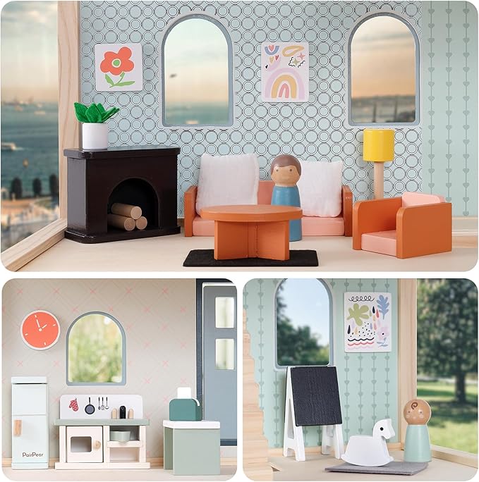PairPear 56 Pcs Wooden Dollhouse Furniture with Family Dolls, Solid Wood Large Dollhouse Accessories for Toddlers 3 4 5 6, Pretend Play Furniture Toys Gift for Birthday and Christmas