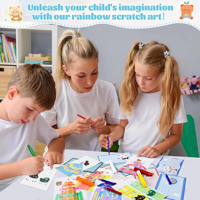 GAKICO Rainbow Scratch Art for Kids: Creative Squeegee Painting Kits, Rainbow Scratch Paper Art Set, Squeeze Magic Reveal Craft Kits, DIY Postcards Party Favors Novelty Gifts for Girls Boys