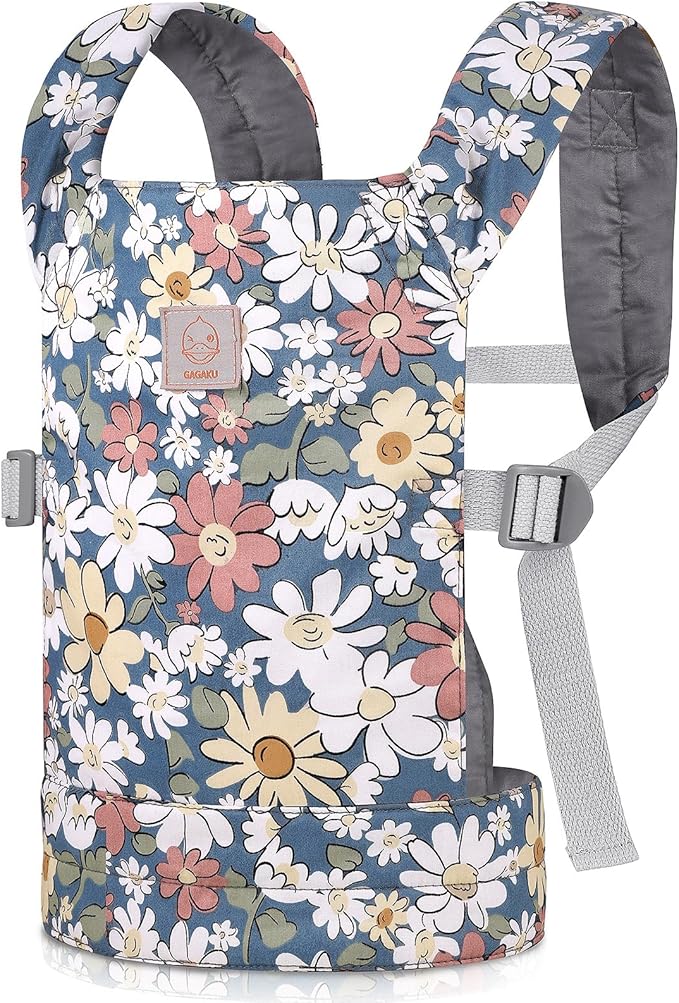 GAGAKU Baby Doll Carrier - Kids Toy with Adjustable Straps for Stuffed Animal Dolls - Gray - Smiling Daisies