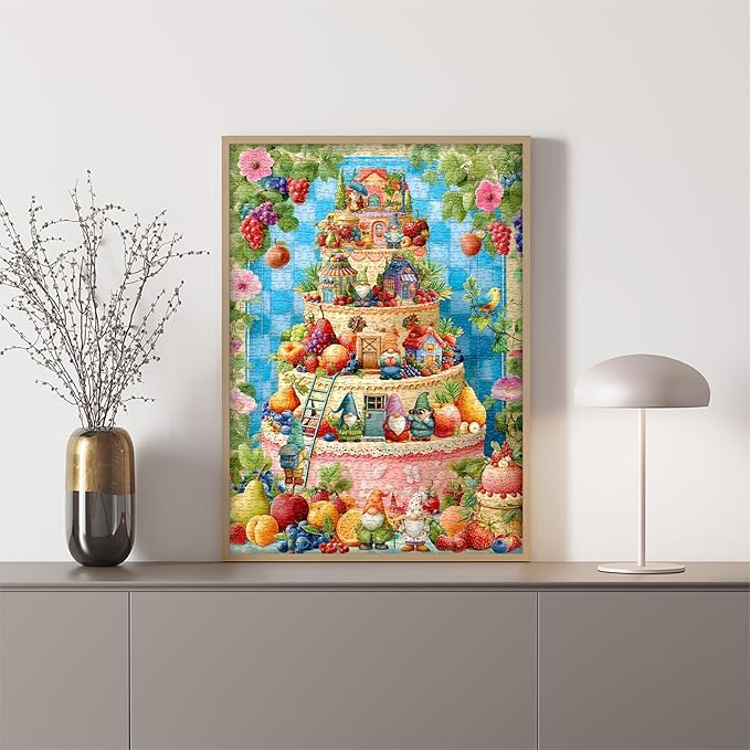 Funny Gnome Puzzles for Adults 1000 Pieces, Cute Gnomes Cake Food Fruit Flower Puzzle, Colorful Floral Challenge Jigsaw Puzzle