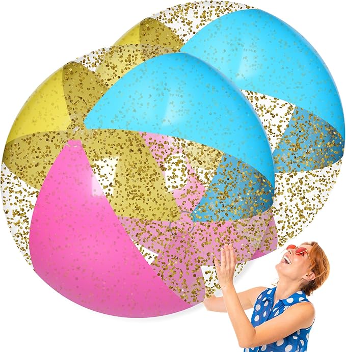 Realspring 2 Pcs 48'' Giant Beach Balls for Swimming Pool 4 Ft Jumbo Glitter Confetti Inflatable PVC Pool Balls Large Summer Blow up Beach Toys for Adults Summer Outdoor Party Favor(Colored)