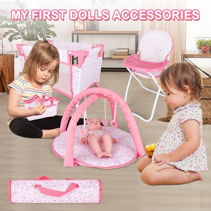 deAO Baby Doll Accessories12-14 Doll Playset with High Chair Crib Bed Play Mat Storage Bag Handbag - 6 in 1 Pink Dolls Playset with Furniture Gifts for Girls