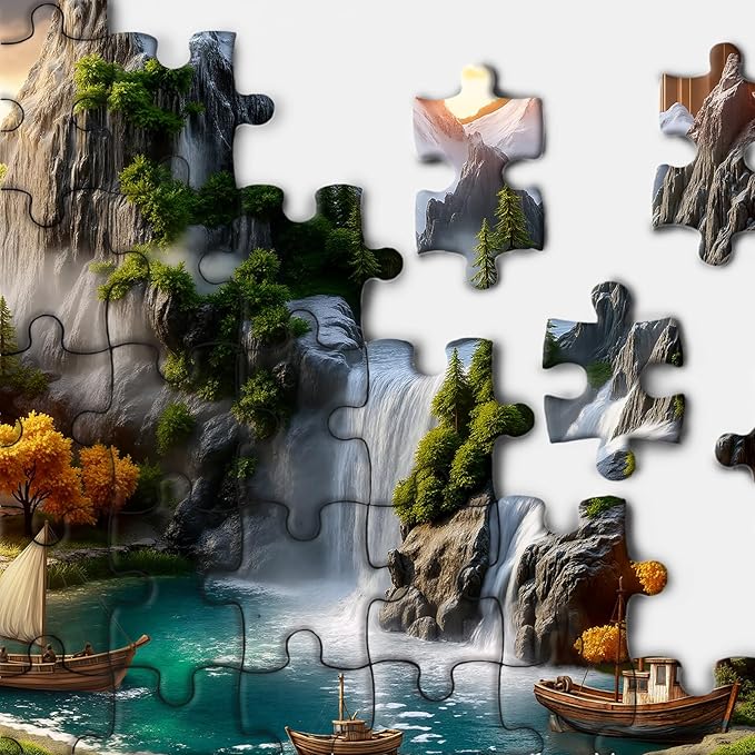 Cabin Mountain Landscape Puzzles for Adults 1000 Pieces, 3D Nature Lake Scenic Jigsaw Puzzle, Fantasy Waterfall Boat Puzzle