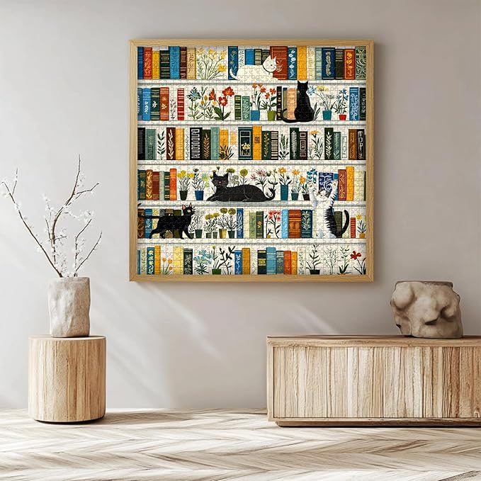 Retro Bookshelf Book Jigsaw Puzzles 1000 Pieces, PICKFORU Vintage Cat Flower Puzzles for Adults Wildflower, Funny Cute Kitten Theme as Wall Decor