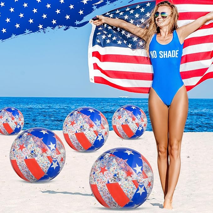 12 Pack 4th of July Sequins Beach Balls 16" Patriotic Flag Pool Ball American Party Decoration PVC Jumbo Sport Ball for Adults Independence Day Summer Beach Swimming Pool Water Game Party Favor