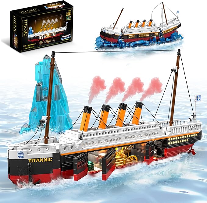 2 in 1 Titanic Building Set, Titanic Big Ship Model Building Kit with Lights Bricks and Glacier, Compatible with Lego for Adults Men, 1928 Pieces STEM Construction Toy for Teens 14+