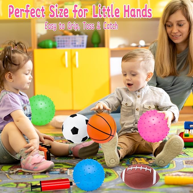 Kids Ball, Balls for Toddlers 1-3, Set of 6 Toddler Ball, Outdoor Toy for Kids, Soft Balls for Kid, Baby Sports Beach Toys, Green&Safe Soccer Basketball Baseball Rugby with Free Bump