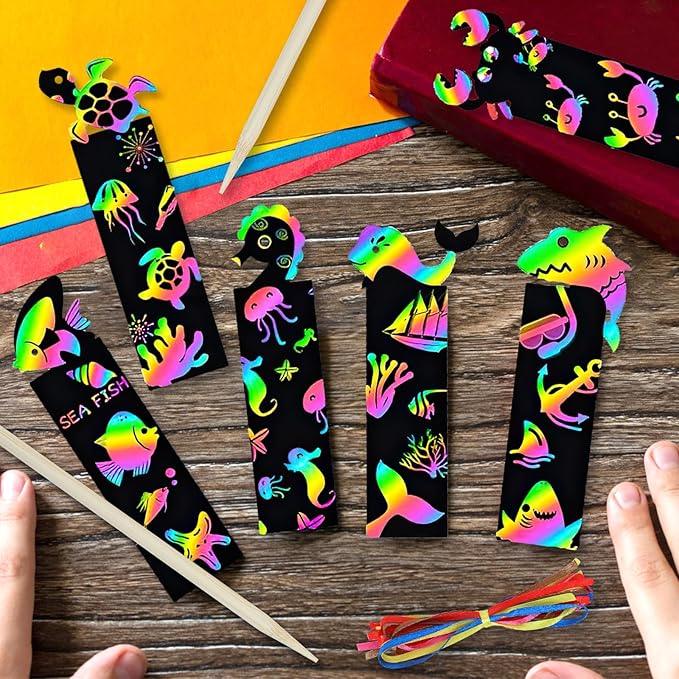 60PCS 6Style Scratch Paper Art Bookmarks Magic Scratch Rainbow Bookmarks Making Kit DIY Bookmarks Bulk with Scratching Tools Ribbons for Party Favors Activities