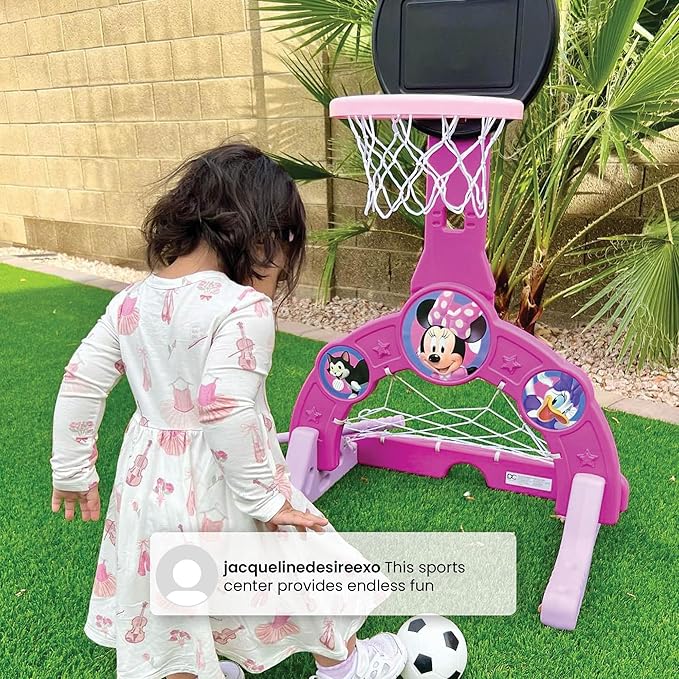 Delta Children Disney Minnie Mouse 4-in-1 Sports Center – Adjustable Easy Score Basketball Hoop, Soccer/Hockey Net and Golf Game, 4 Golf/Hockey Balls, Pink