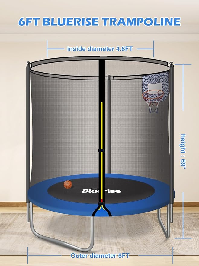 BLUERISE 55IN 6FT Toddler Trampoline for Kids Indoor Outdoor Play for Kids Trampoline Basketball Hoop Attachment with Enclosure Net Easy to Assemble