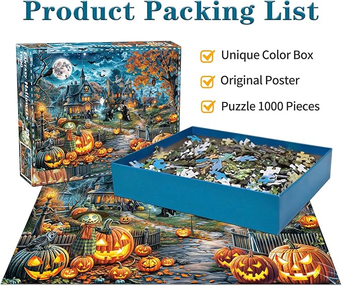 Halloween Puzzle for Adults 1000 Pieces Bats Full Moon Haunted House Witches Pumpkins Jigsaw Puzzles for Adults 1000 Piece Dark Fantasy Halloween Scene