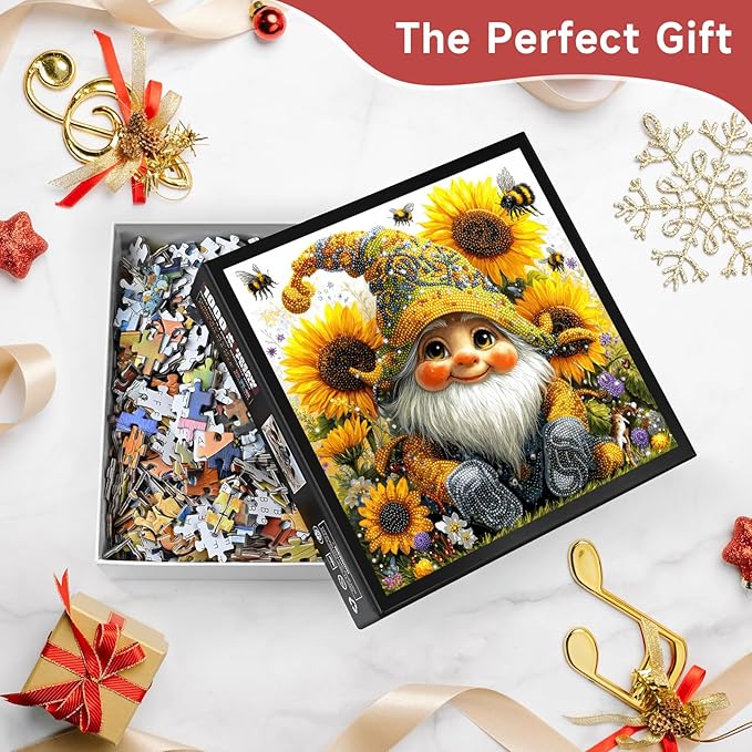 Sunflower Gnome 1000 Piece Jigsaw Puzzle for Adults - Whimsical Garden Scene with Bees & Jewels, Poster & Lettered Back, 22.8" Square HD Quality, Unique Gift for Gnome & Nature Lovers