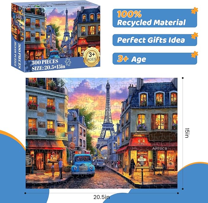 Puzzles 300 Pieces for Adults | Eiffel Tower Jigsaw Puzzles | Recycled Cardboar Jigsaw Puzzles 300 Pieces | Challenging Family Activity Great Gift Idea for Family Friends | 20.5 X 15 inches